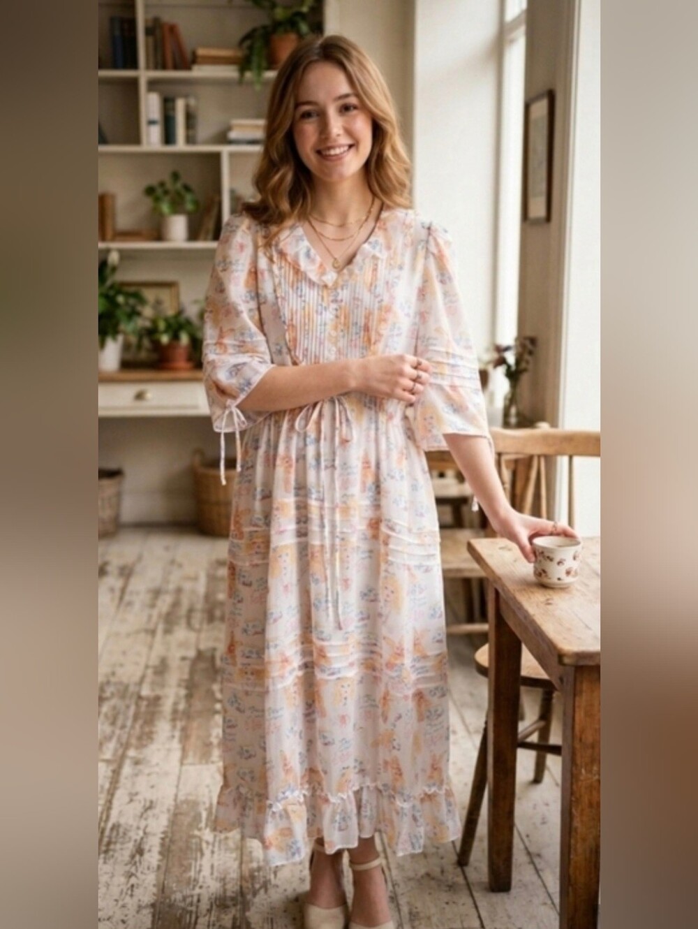 Unlogicsl Poem Light Pink Floral Midi Dress with Ruffle Hem